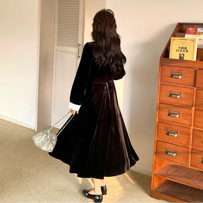 【ワンピース】💖高級感＆ロマンチック♡ヘップバーン風 ベルベット Aライン 長袖ワンピース【JZシリーズ】