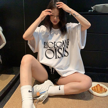 【トップス】韓国風 レタープリント パデッドスリーブ 半袖 ビッグTシャツ 【FCシリーズ】