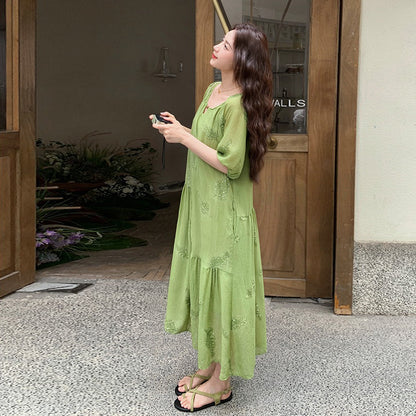 【ワンピース】森系 重工刺繍 パフスリーブ 夏 フレンチ風 半袖ワンピース【SHシリーズ】