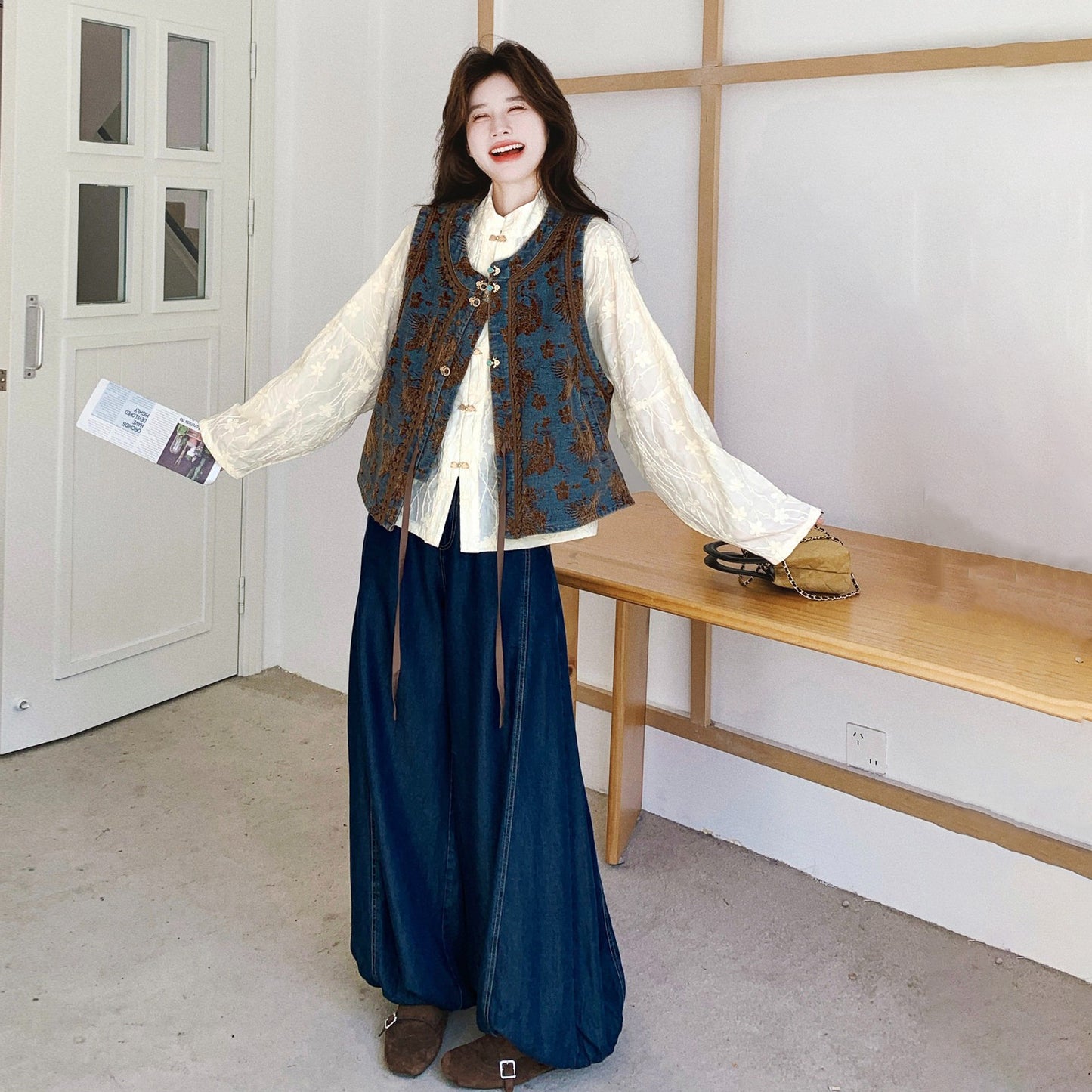 3点セット！【セットアップ】メラードジャカード×配色 ベスト＋中国風シャツ＋ワイドデニムパンツ 上下セット レディース 早春・秋 サン系コーデ【SHシリーズ】