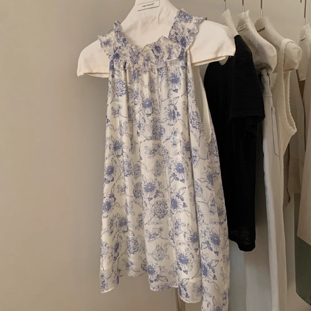 【トップス】ヴィンテージ風水墨プリント フリルネックホルタートップス 夏 シフォン素材【SHシリーズ】