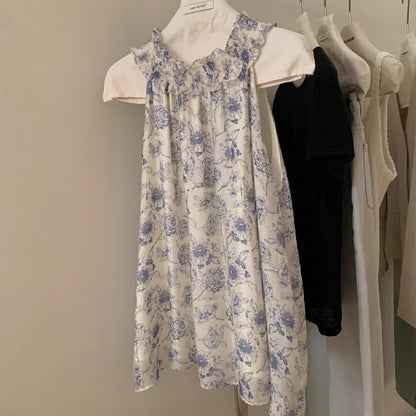 【トップス】ヴィンテージ風水墨プリント フリルネックホルタートップス 夏 シフォン素材【SHシリーズ】