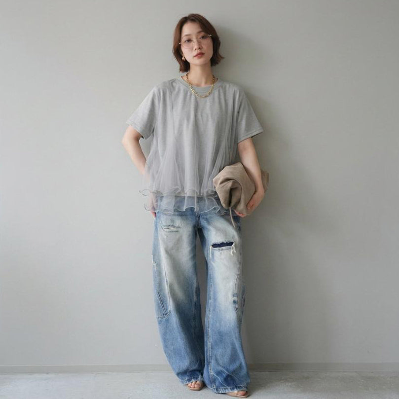 【トップス】Tシャツ 夏 シアー切替 メッシュ 立体デザイン クルーネック きれいめ 通勤 カジュアル【JZシリーズ】