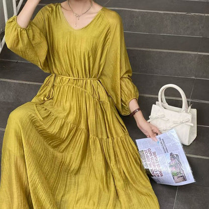 【ワンピース】7カラー 夏 韓国風 ゆったり 大きめサイズ ロング丈 無地 長袖ワンピース