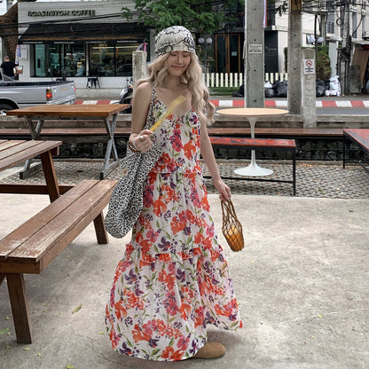 【ワンピース】夏 涼しげ 通気性 Vネック フリル付き 花柄 ノースリーブ キャミワンピース【SHシリーズ】