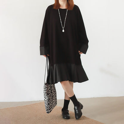 【ワンピース】香港風 クルーネック 切替 シャツ生地 大きめサイズ 長袖 ワンピース ビッグシルエット ゆったり【JZシリーズ】