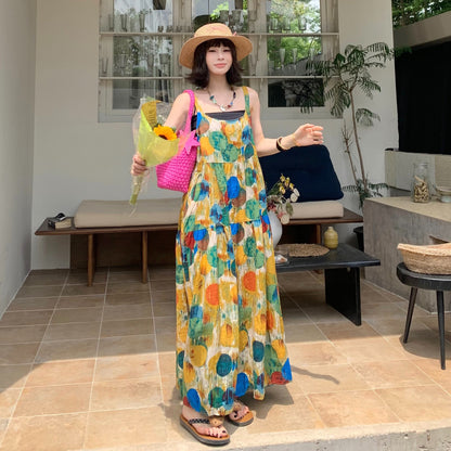 🚀 大人気商品【ワンピース】アート油絵風 ゆったりレトロ 着痩せ効果 ノースリーブワンピース【SHシリーズ】