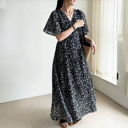 【ワンピース】夏 Vネック ウエストリボン 花柄 半袖 ワンピース 【SHシリーズ】