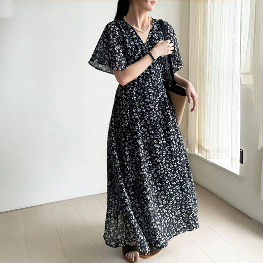 【ワンピース】夏 Vネック ウエストリボン 花柄 半袖 ワンピース 【SHシリーズ】