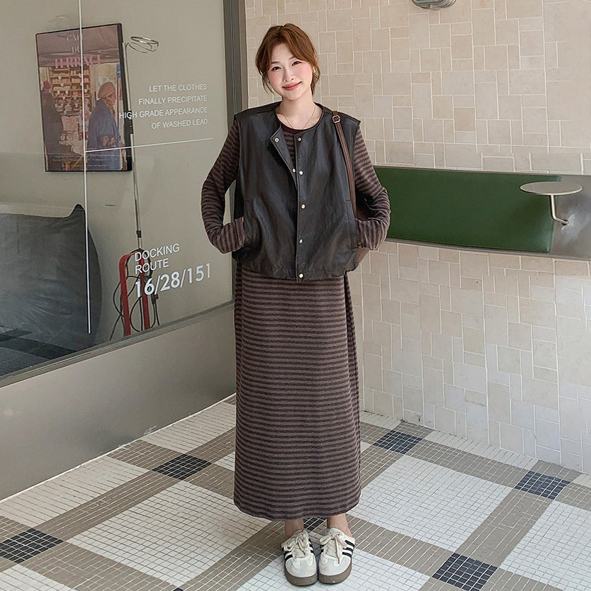 2点セット！【セットアップ】マラード風 おしゃれ レザーベスト＋ストライプワンピース セットアップ  春秋 韓国風 学院風【JZシリーズ】