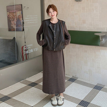 2点セット！【セットアップ】マラード風 おしゃれ レザーベスト＋ストライプワンピース セットアップ  春秋 韓国風 学院風【JZシリーズ】