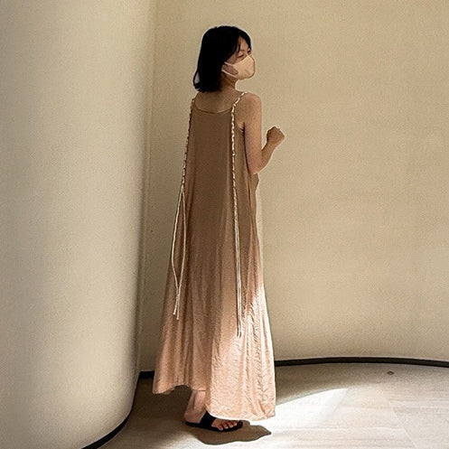 【ワンピース】リゾート風 編み込みストラップ付き 配色細見え ゆったりノースリーブワンピース【SHシリーズ】