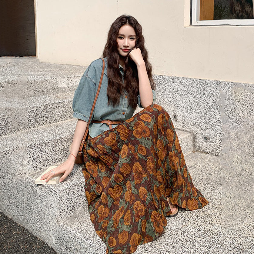 2点セット！ 【セットアップ】夏新作 デニム半袖トップス+ 花柄スカート 2点上下セット ラクして可愛い大人カジュアル 【SHシリーズ】