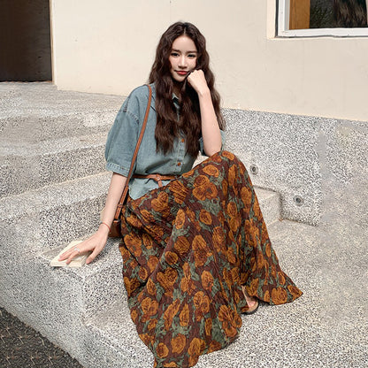 2点セット！ 【セットアップ】夏新作 デニム半袖トップス+ 花柄スカート 2点上下セット ラクして可愛い大人カジュアル 【SHシリーズ】