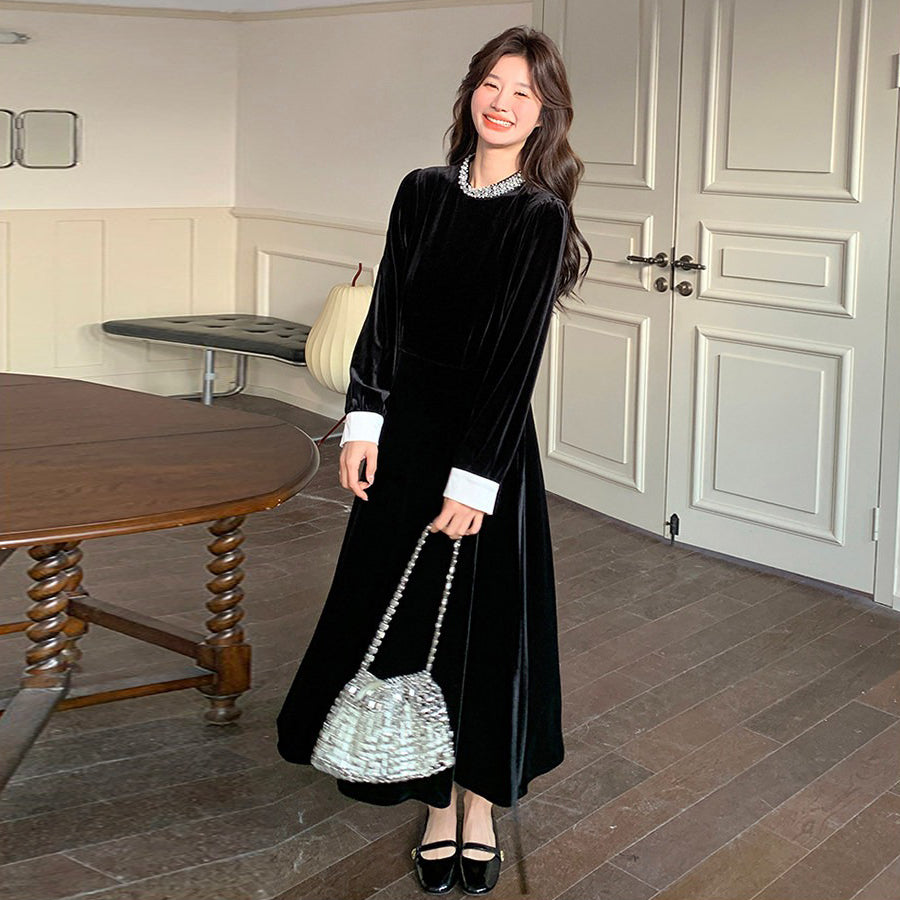 【ワンピース】レトロフレンチベルベットロングワンピース レディース 春新作 ブラック 上品 大人っぽい フィットシルエット【JZシリーズ】