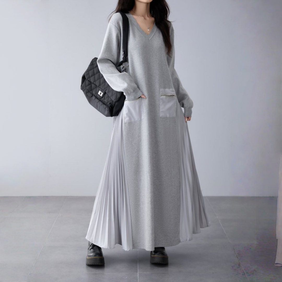 👀注目の新作👀【ワンピース】春 秋 冬 Vネック ニット プリーツ 長袖 ファスナー ワンピース 【JZシリーズ】