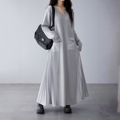 👀注目の新作👀【ワンピース】春 秋 冬 Vネック ニット プリーツ 長袖 ファスナー ワンピース 【JZシリーズ】