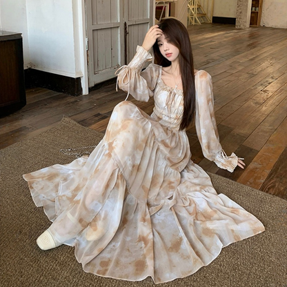 【ワンピース】フレンチ 小花柄 ウエストゴム スクエアネック 長袖 ワンピース 【SHシリーズ】