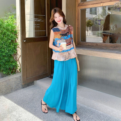 2点セット！【セットアップ】チャイナ風 レディース ノースリーブトップス ワイドパンツ 花柄デザイン 上下セット 上品【SHシリーズ】