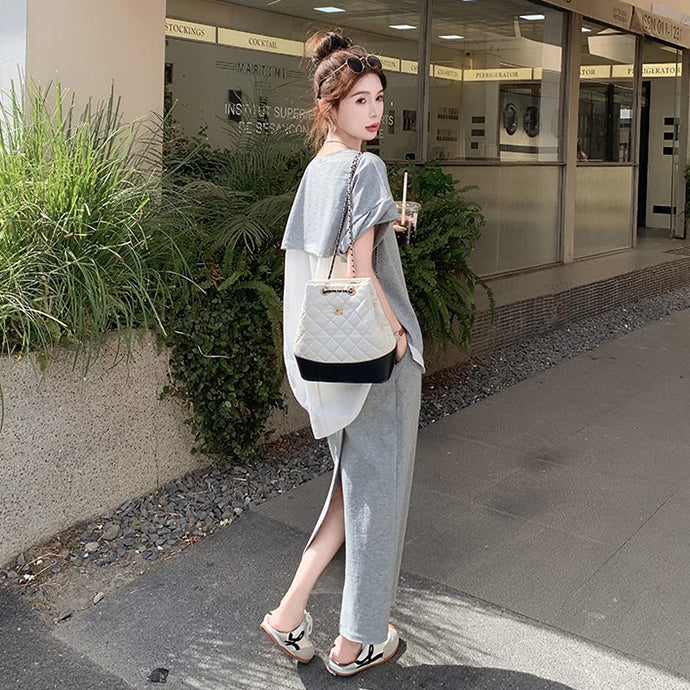 2点セット！【セットアップ】カジュアル 切り替え半袖スウェット＋スカート 上下セット レディース 夏 韓国風 ユニークで美しいコーデ【JZシリーズ】