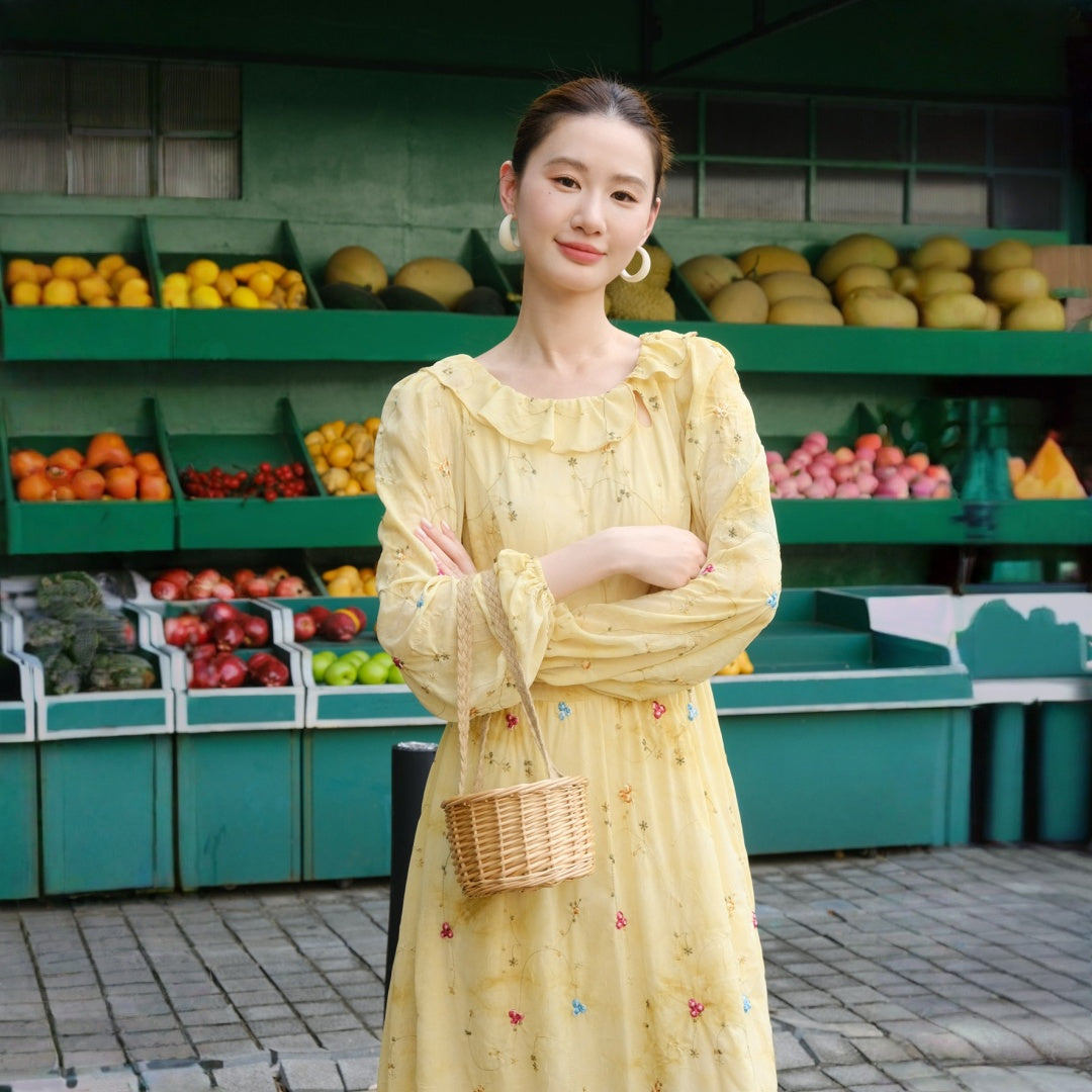 【ワンピース】春 秋 フレンチ風 刺繍入り 長袖 ロング ワンピース 【SHシリーズ】