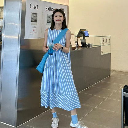 【ワンピース】ブルーストライプワンピース レディース 夏新作 ノースリーブ 丸首 涼しげ 体型カバー 上品 ロング丈 ワンピース【JZシリーズ】