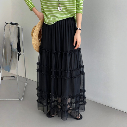 期間限定⭐️60%OFF【ボトムス】韓国風 フリル チュール切替 ロングスカート 【JZシリーズ】