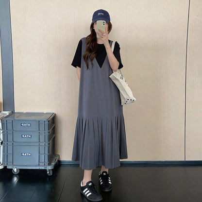 【ワンピース】韓国風フェイクレイヤードワンピース レディース 夏 半袖 ロングワンピース 切替デザイン ゆったり体型カバー 着痩せカジュアル【JZシリーズ】