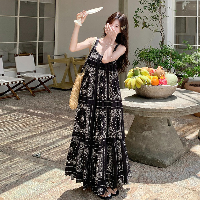 【ワンピース】フレンチヴィンテージ ボヘミアン ノースリーブワンピース 夏 高見え キャミソールロングドレス【SHシリーズ】