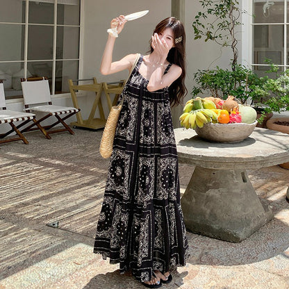 【ワンピース】フレンチヴィンテージ ボヘミアン ノースリーブワンピース 夏 高見え キャミソールロングドレス【SHシリーズ】