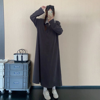 【ワンピース】韓国風ポロカラーロングワンピース レディース 秋新作 長袖 ゆったり きれいめ 通勤【JZシリーズ】