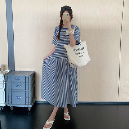 【ワンピース】ボーダー切替Tシャツワンピース レディース 夏 半袖 ロング丈 韓国風 ゆったりシルエット リラックスカジュアル【JZシリーズ】