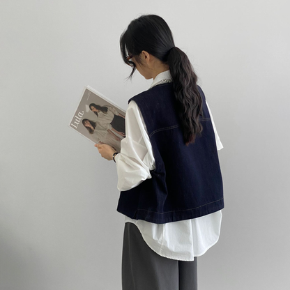 【トップス】レイヤードコーデ 秋 ヴィンテージデニムベスト レディース ポケット付き ゆったり カジュアル着回し ベストジャケット【JZシリーズ】
