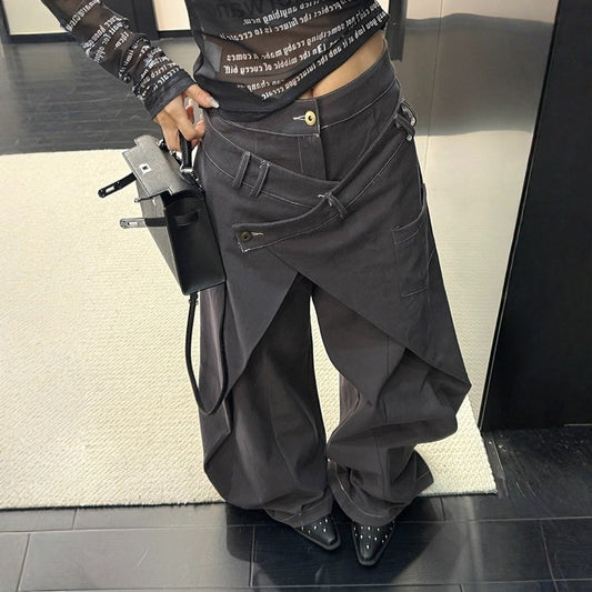 【ボトムス】アメリカンスタイル フェイクレイヤード ステッチデザイン ワイドパンツ 【FCシリーズ】