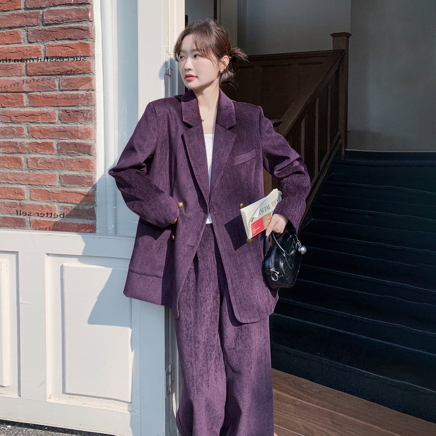 2点セット！【セットアップ】ライトラグジュアリー コーデュロイ 上下セット 2026春新作 ダブルブレスト ジャケット＆ワイドパンツ レディース【JZシリーズ】