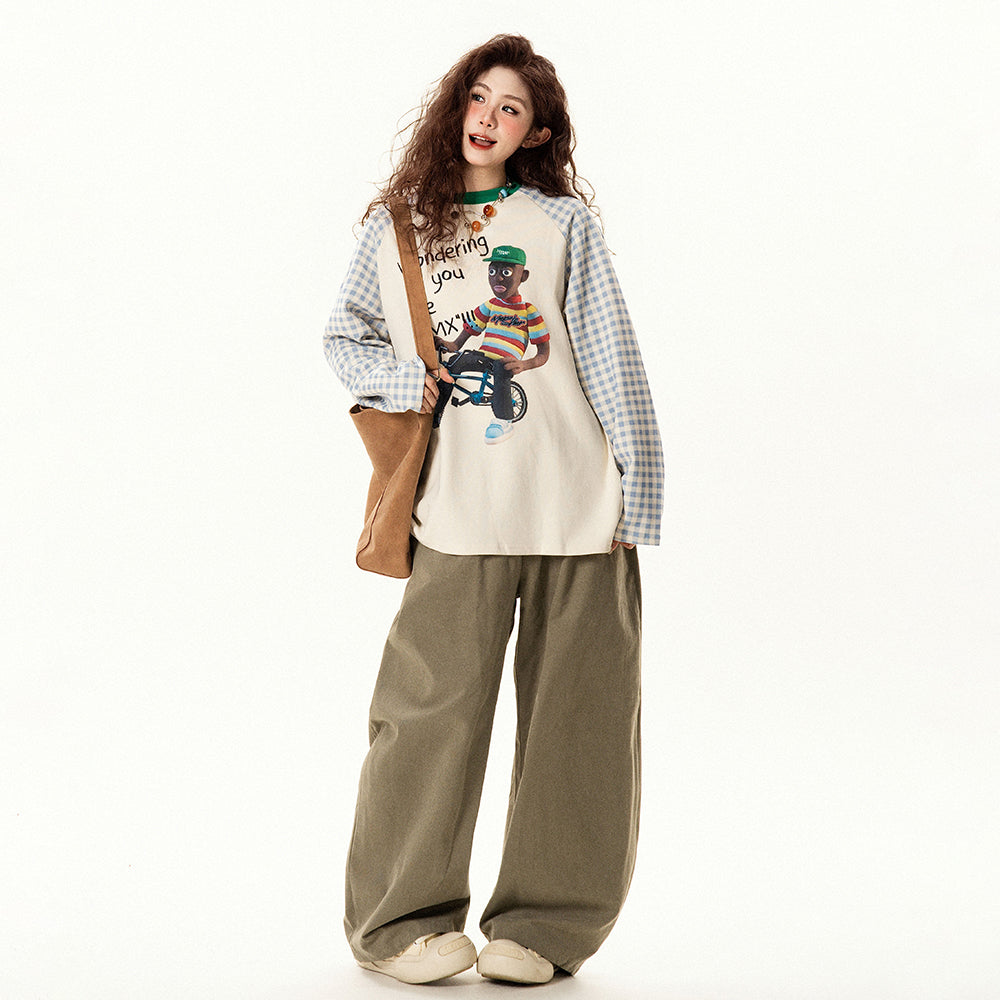 【トップス】レトロデザイン チェック切替 ラグラン長袖Tシャツ レディース ゆったり カジュアル【FCシリーズ】【15〜20日発送】