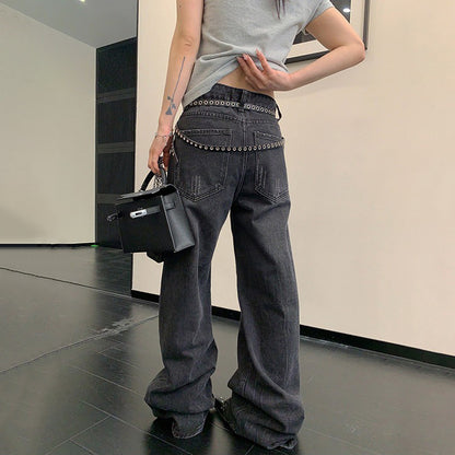 【ボトムス】ヴィンテージ加工 ダメージ 直筒 ワイドレッグ ジーンズ レディース パンツ【FCシリーズ】