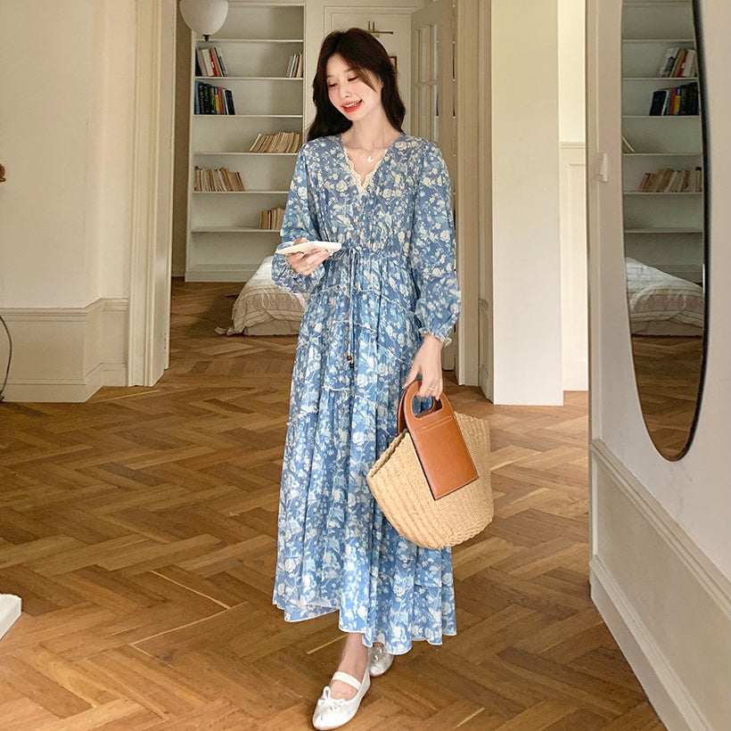 【ワンピース】フレンチエレガント レース Vネック 花柄長袖ワンピース 春秋 優しい雰囲気 超おしゃれ 若見え【SHシリーズ】