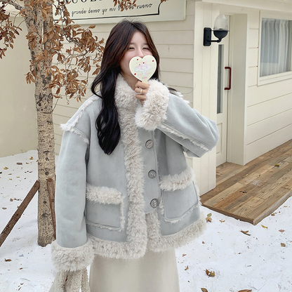 【アウター】甘め フェイクムートン厚手保温アウター 2025冬 若見え 防風 ハイネック ボアトップス レディース【JZシリーズ】