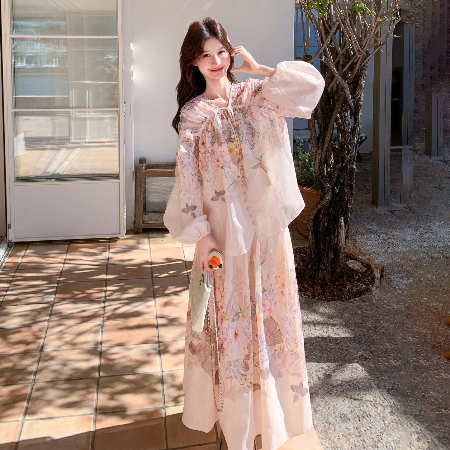 2点セット！【セットアップ】リゾートバタフライプリント 2点セット レディース パフスリーブ UVカットシャツ + ハイウエスト フレアスカート 夏 セットアップ【SHシリーズ】