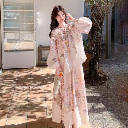 2点セット！【セットアップ】リゾートバタフライプリント 2点セット レディース パフスリーブ UVカットシャツ + ハイウエスト フレアスカート 夏 セットアップ【SHシリーズ】