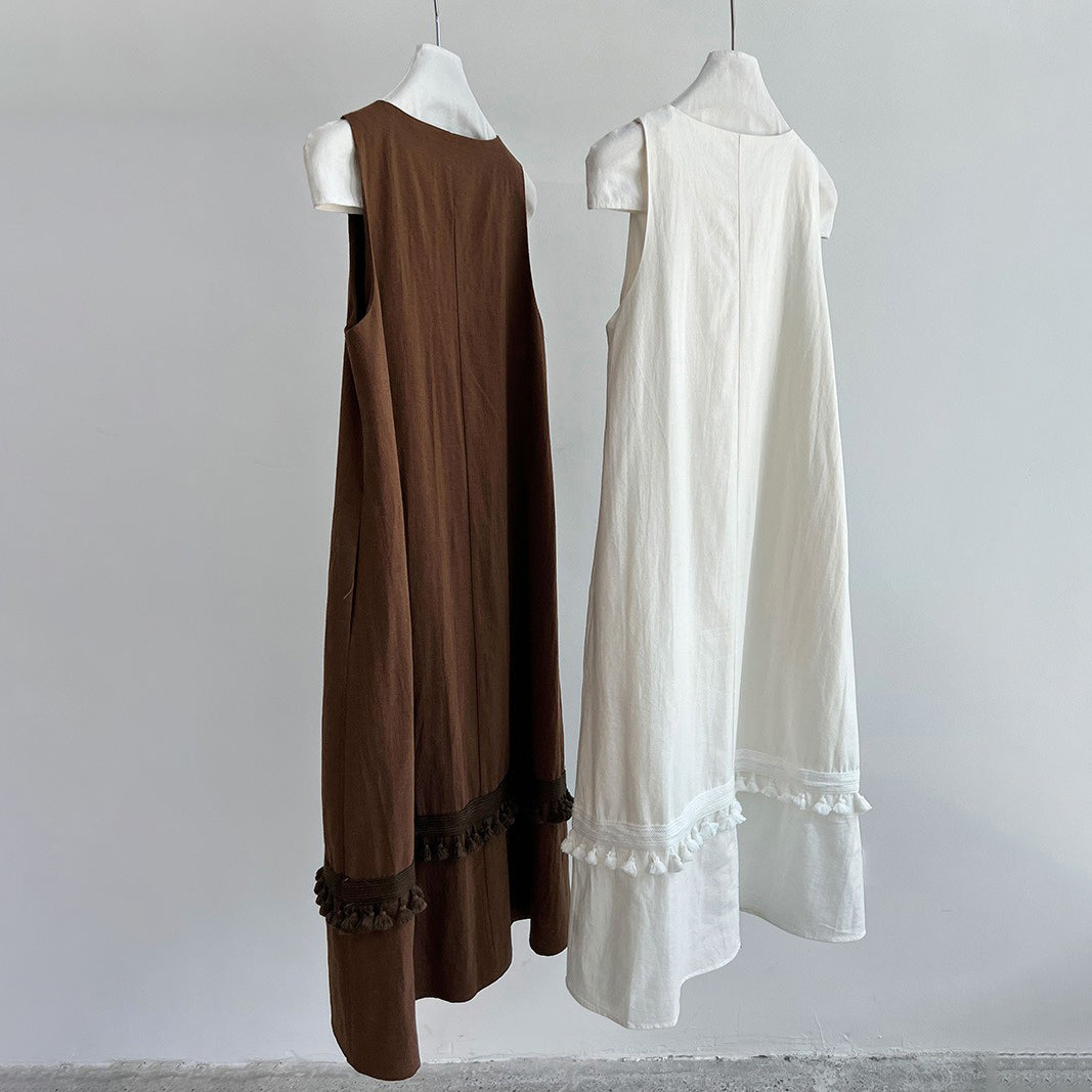 【ワンピース】韓国風 フリンジ切替 ゆったりリラックス Vネック ノースリーブワンピース 夏用 体型カバー 若見え ベストワンピース【JZシリーズ】