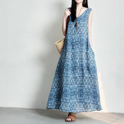 【ワンピース】Vネック レトロ プリント ノースリーブ ワンピース 【SHシリーズ】