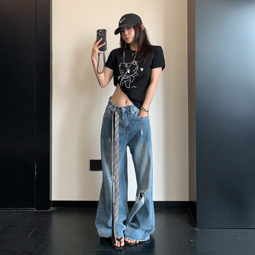 【ボトムス】デニムパンツ レディース ダメージ加工 ストーン装飾 ワイドパンツ ヴィンテージ風 カジュアル【FCシリーズ】