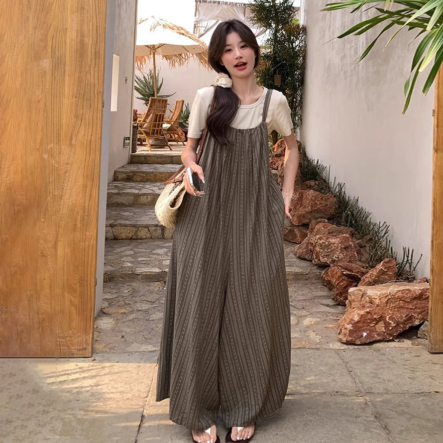 【ボトムス】夏新作 大人フェミニン ゆったりシルエット 体型カバー カジュアルオールインワン【SHシリーズ】