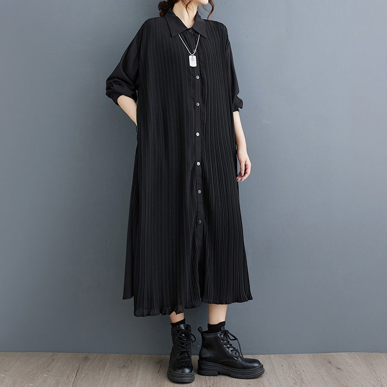 【ワンピース】秋新作 ダーク系 プリーツ切り替え シャツワンピース レディース 長袖 ゆったり 細見え ロング丈【JZシリーズ】