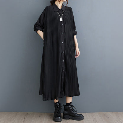 【ワンピース】秋新作 ダーク系 プリーツ切り替え シャツワンピース レディース 長袖 ゆったり 細見え ロング丈【JZシリーズ】