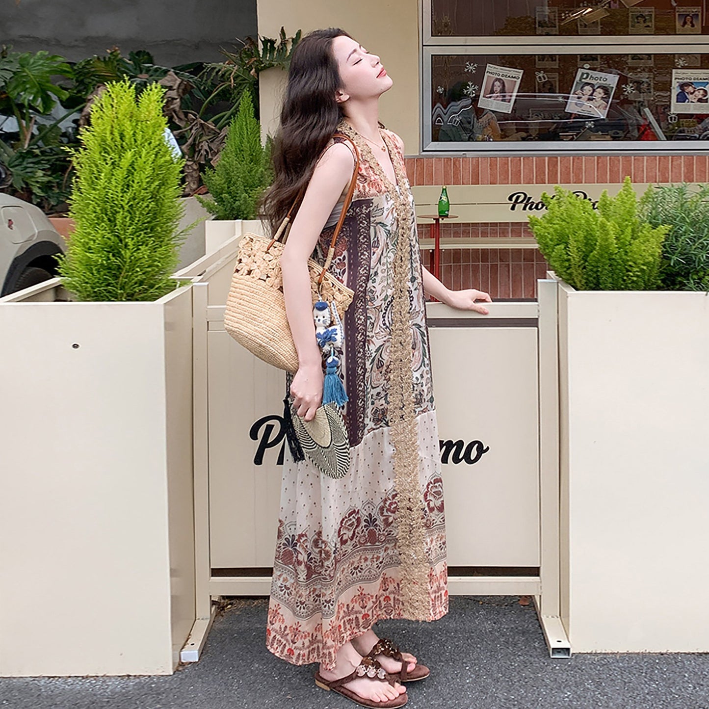 【ワンピース】ボヘミアン風 花柄ワンピース レディース ノースリーブ リゾートスタイル ゆったり ロング丈【SHシリーズ】