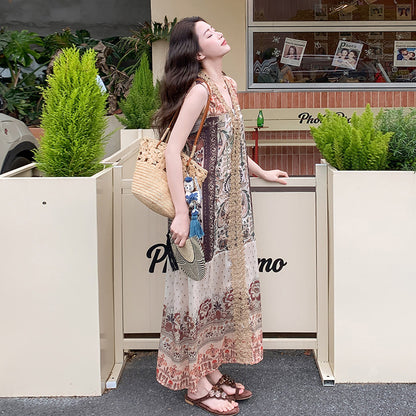 【ワンピース】ボヘミアン風 花柄ワンピース レディース ノースリーブ リゾートスタイル ゆったり ロング丈【SHシリーズ】