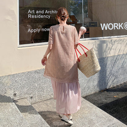 【ワンピース】レース 透かし編み 切り替え ドッキング風 半袖ワンピース レディース 夏新作 甘め上品 ロング丈ドレス【JZシリーズ】